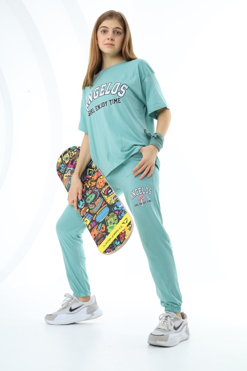 Turkuaz Yazı Baskılı Kız Çocuk Takım 17860