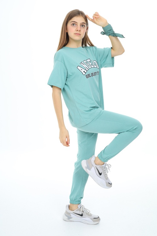 Turkuaz Yazı Baskılı Kız Çocuk Takım 17860