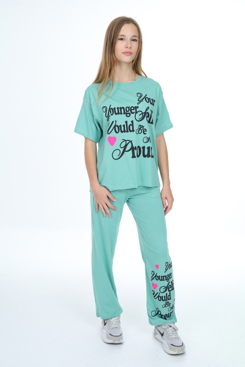 Turkuaz Younger Yazı Baskılı Kız Çocuk Takım 17852