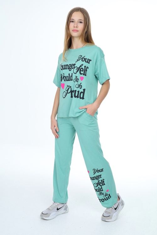 Turkuaz Younger Yazı Baskılı Kız Çocuk Takım 17852