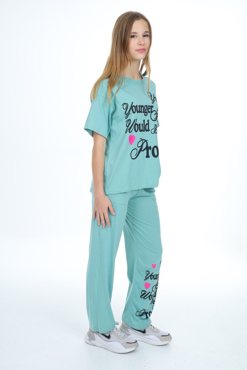 Turkuaz Younger Yazı Baskılı Kız Çocuk Takım 17852