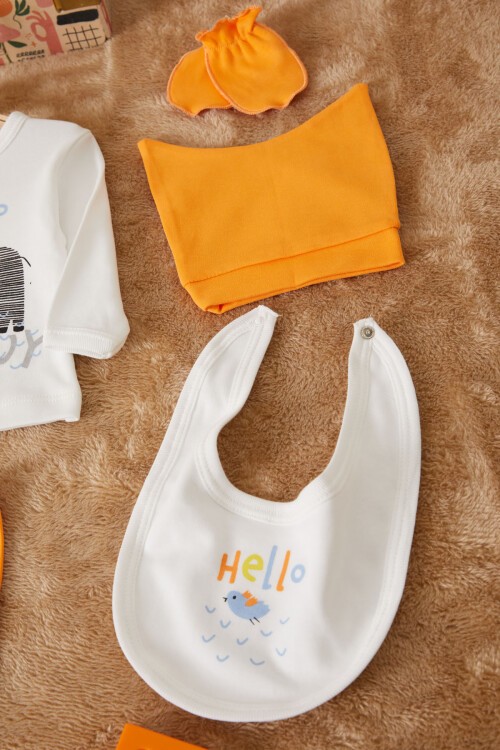 Turuncu Fil Baskılı Patikli Erkek Bebek 5li Zıbın Takımı 17508