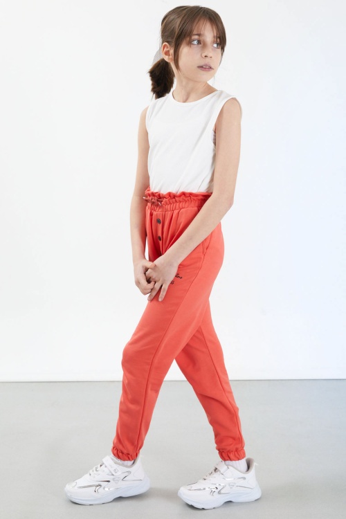 Turuncu Have a Good Time Yazılı Düğme Detaylı Kız Eşofman Altı 17674