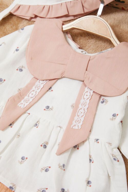 Turuncu Kurdele Yakalı Desenli Kız Bebek Yenidoğan 3lü Takım 17628