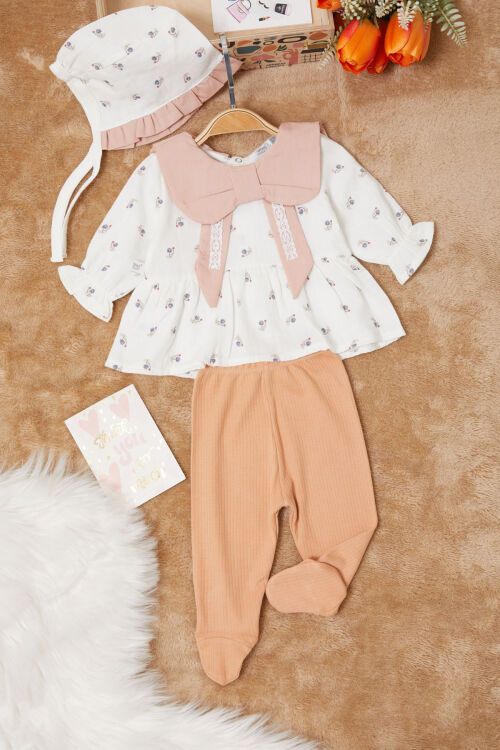 Turuncu Kurdele Yakalı Desenli Kız Bebek Yenidoğan 3lü Takım 17628