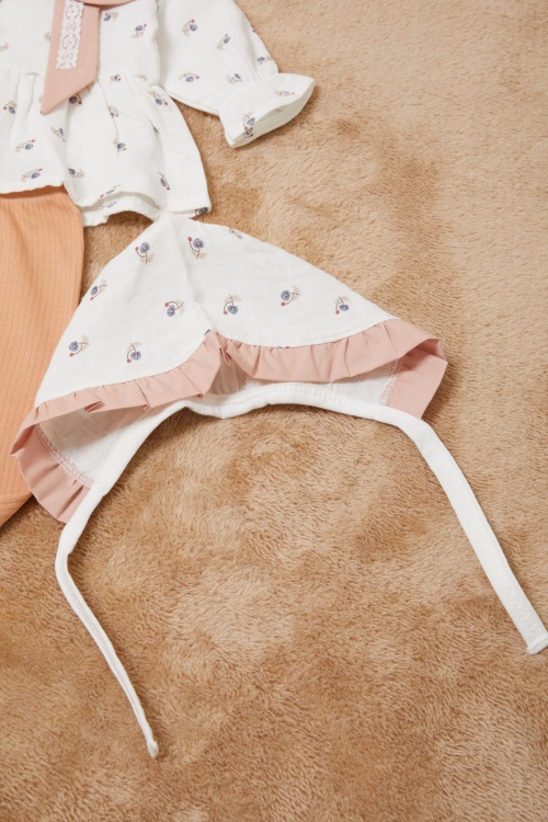 Turuncu Kurdele Yakalı Desenli Kız Bebek Yenidoğan 3lü Takım 17628