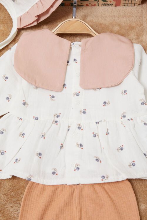 Turuncu Kurdele Yakalı Desenli Kız Bebek Yenidoğan 3lü Takım 17628