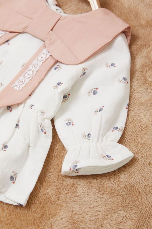 Turuncu Kurdele Yakalı Desenli Kız Bebek Yenidoğan 3lü Takım 17628