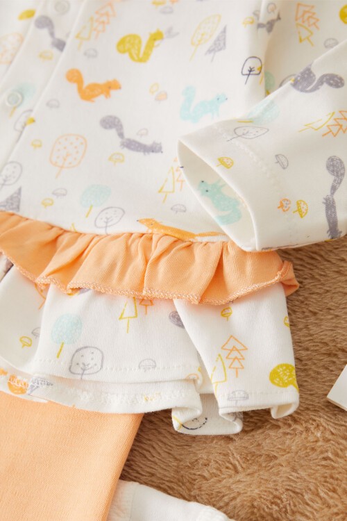 Turuncu Sincap Baskılı Badili Kız Bebek 3lü Zıbın Takımı 17517