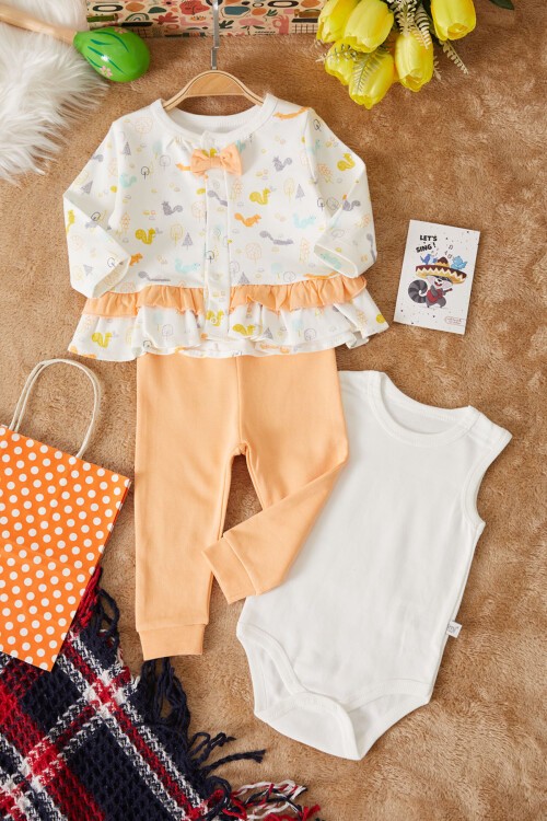 Turuncu Sincap Baskılı Badili Kız Bebek 3lü Zıbın Takımı 17517