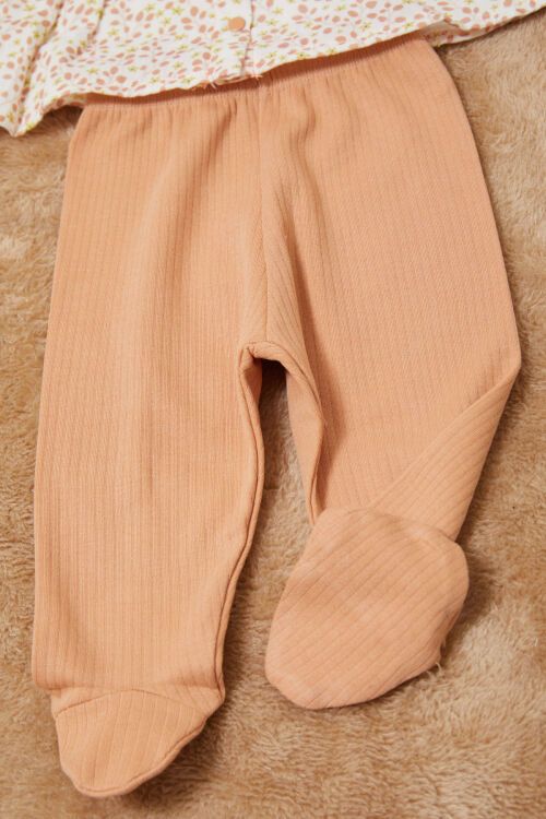 Turuncu Yaprak Desenli Fiyonklu Şapkalı Kız Bebek Yenidoğan 3lü Takım 17625