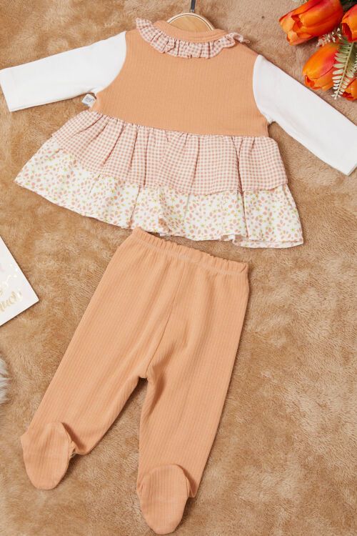 Turuncu Yaprak Desenli Fiyonklu Şapkalı Kız Bebek Yenidoğan 3lü Takım 17625