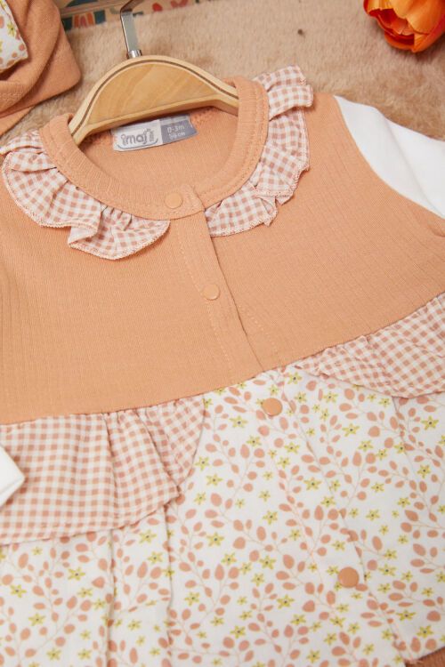 Turuncu Yaprak Desenli Fiyonklu Şapkalı Kız Bebek Yenidoğan 3lü Takım 17625