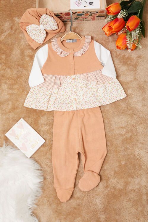 Turuncu Yaprak Desenli Fiyonklu Şapkalı Kız Bebek Yenidoğan 3lü Takım 17625
