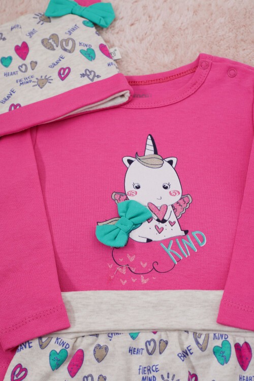 Unicorn Baskılı Badili Şapkalı Kız Bebek Takım 17371