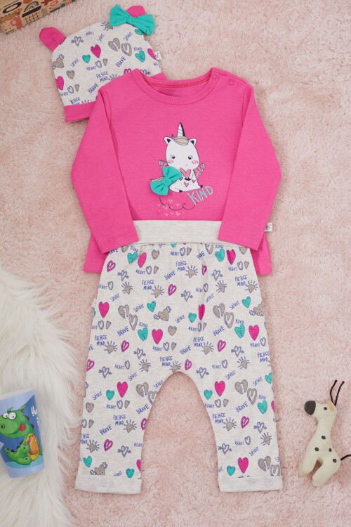 Unicorn Baskılı Badili Şapkalı Kız Bebek Takım 17371