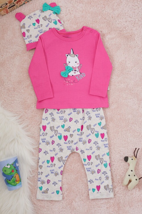Unicorn Baskılı Badili Şapkalı Kız Bebek Takım 17371