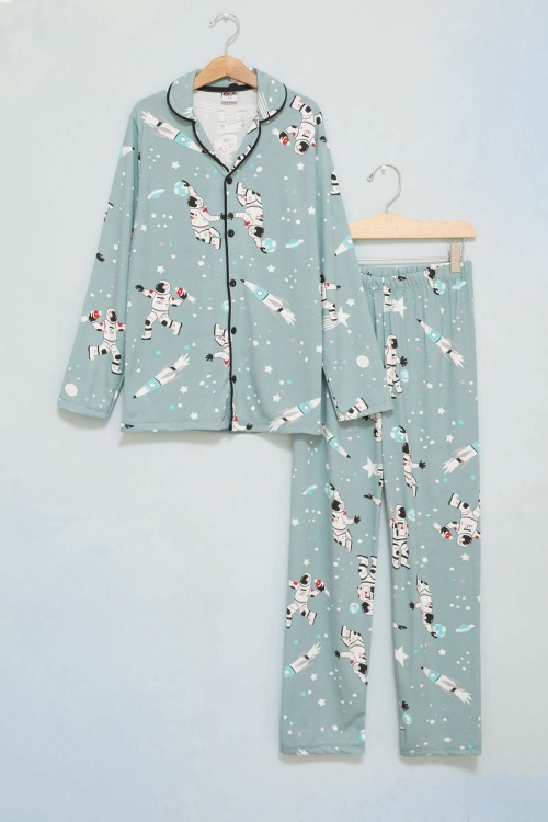 Yeşil Astronot Baskılı Düğmeli Erkek Çocuk Pijama Takımı 17722