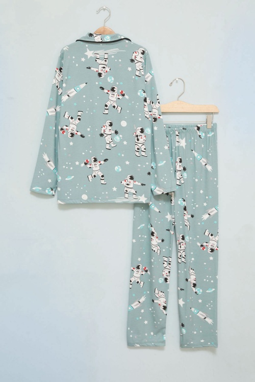 Yeşil Astronot Baskılı Düğmeli Erkek Çocuk Pijama Takımı 17722