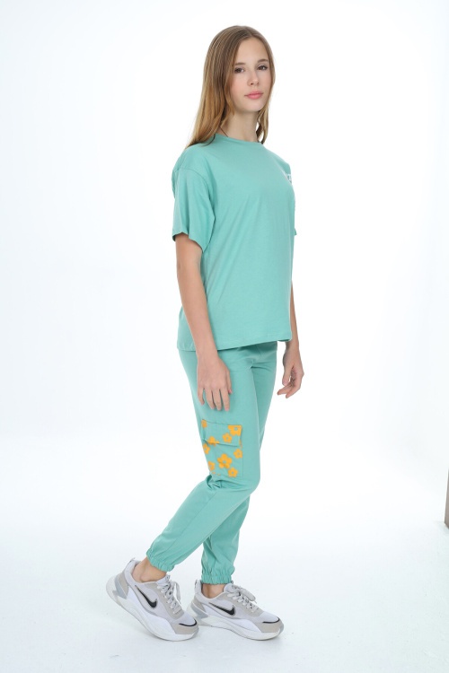 Yeşil Çiçek Baskılı Kız Çocuk Takım 17886