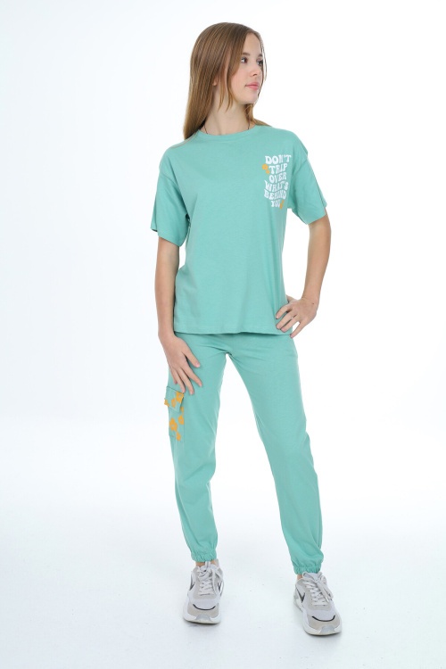 Yeşil Çiçek Baskılı Kız Çocuk Takım 17886