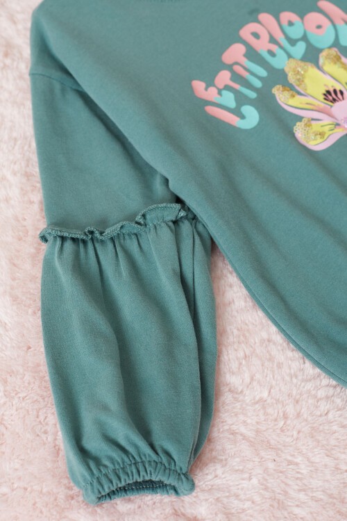 Yeşil Çiçek Baskılı Pullu Kız Bebek Takım 17467