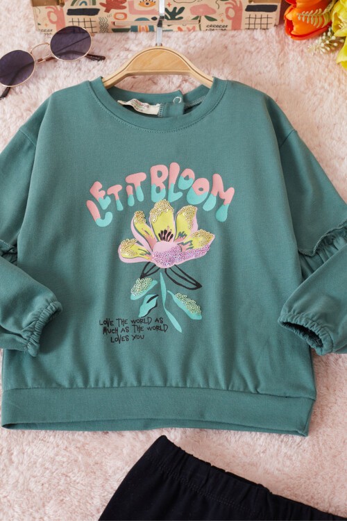 Yeşil Çiçek Baskılı Pullu Kız Bebek Takım 17467