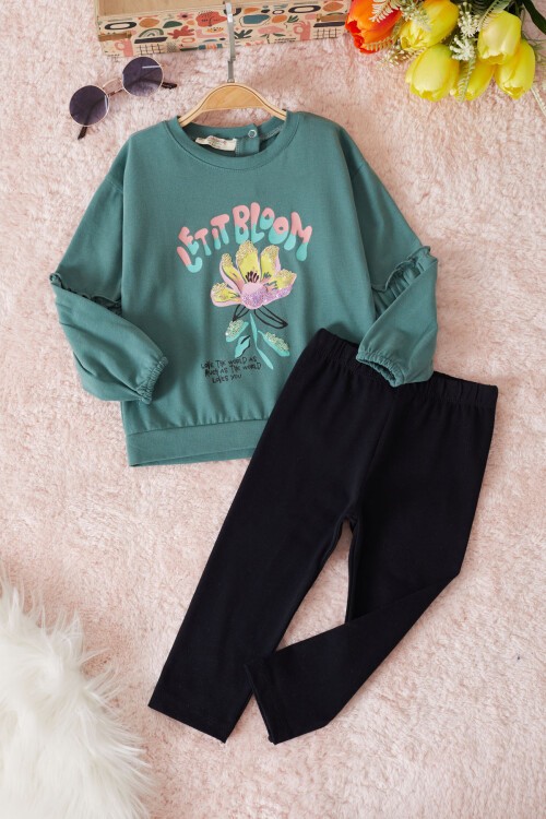 Yeşil Çiçek Baskılı Pullu Kız Bebek Takım 17467