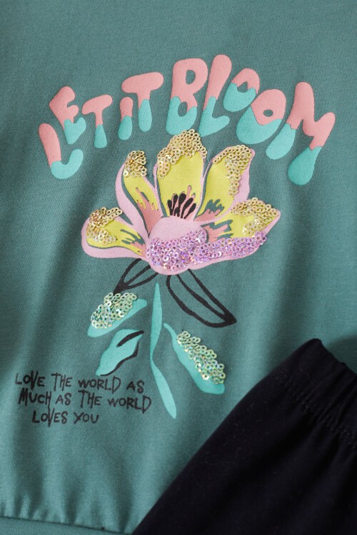 Yeşil Çiçek Baskılı Pullu Kız Bebek Takım 17467