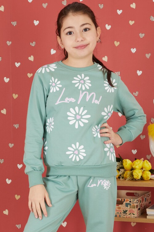 Yeşil Çiçek Baskılı Şardonlu Kız Eşofman Takımı 17425