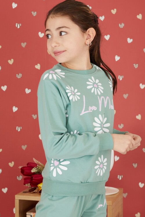 Yeşil Çiçek Baskılı Şardonlu Kız Eşofman Takımı 17425