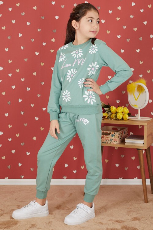 Yeşil Çiçek Baskılı Şardonlu Kız Eşofman Takımı 17425
