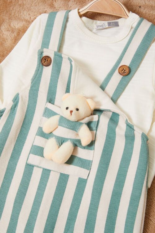 Yeşil Çizgili Ayıcık Cepli Erkek Bebek Badili Salopet Takım 17622