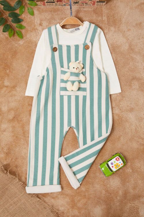 Yeşil Çizgili Ayıcık Cepli Erkek Bebek Badili Salopet Takım 17622