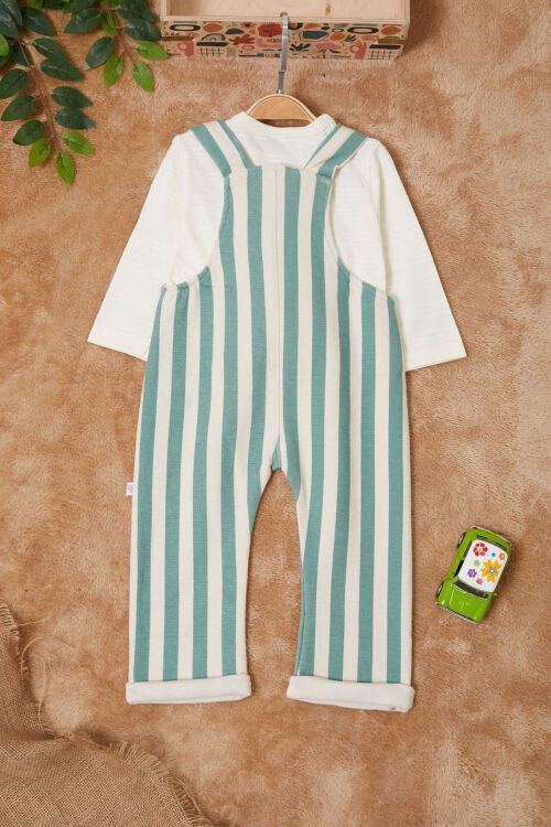 Yeşil Çizgili Ayıcık Cepli Erkek Bebek Badili Salopet Takım 17622