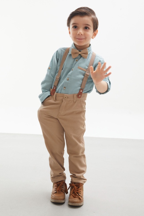 Yeşil Gömlekli Askılı Pantolonlu Erkek Çocuk Papyonlu Takım 18129