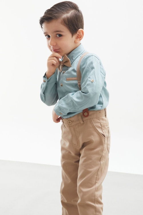 Yeşil Gömlekli Askılı Pantolonlu Erkek Çocuk Papyonlu Takım 18129