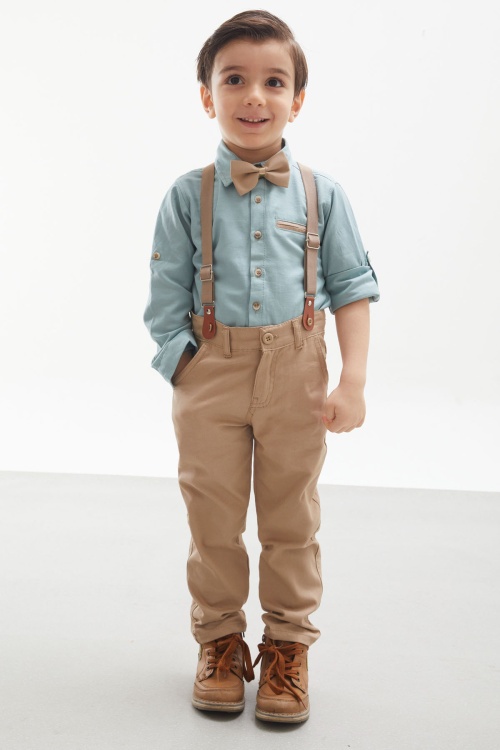 Yeşil Gömlekli Askılı Pantolonlu Erkek Çocuk Papyonlu Takım 18129