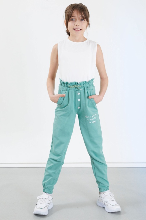 Yeşil Have a Good Time Yazılı Düğme Detaylı Kız Eşofman Altı 17676