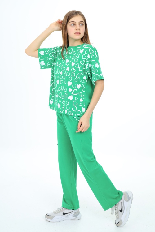 Yeşil Kalp Baskılı Kız Çocuk Takım 17877