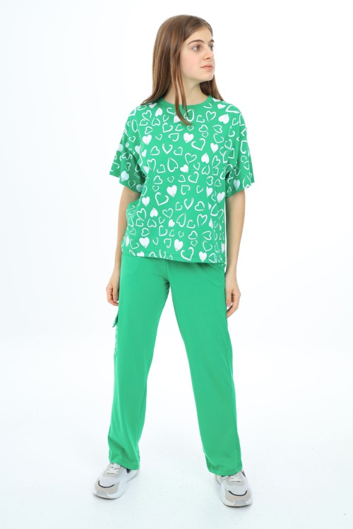 Yeşil Kalp Baskılı Kız Çocuk Takım 17877