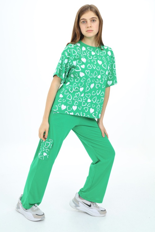 Yeşil Kalp Baskılı Kız Çocuk Takım 17877
