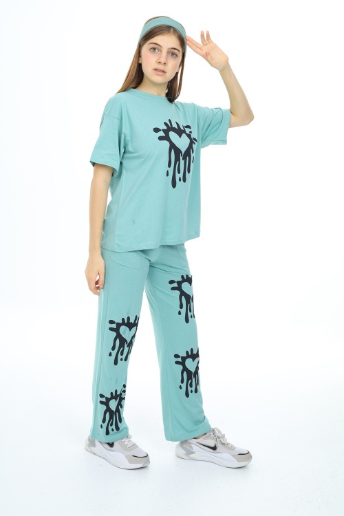 Yeşil Kalp Desenli Kız Çocuk Takım 17984