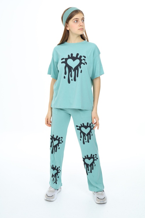 Yeşil Kalp Desenli Kız Çocuk Takım 17984