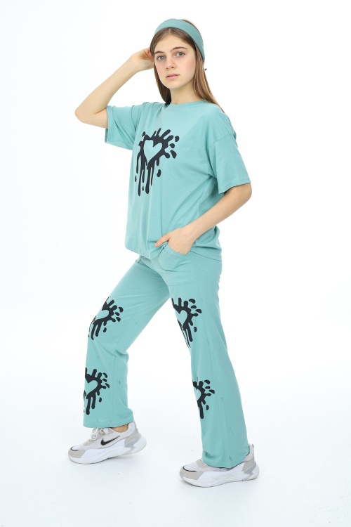 Yeşil Kalp Desenli Kız Çocuk Takım 17984