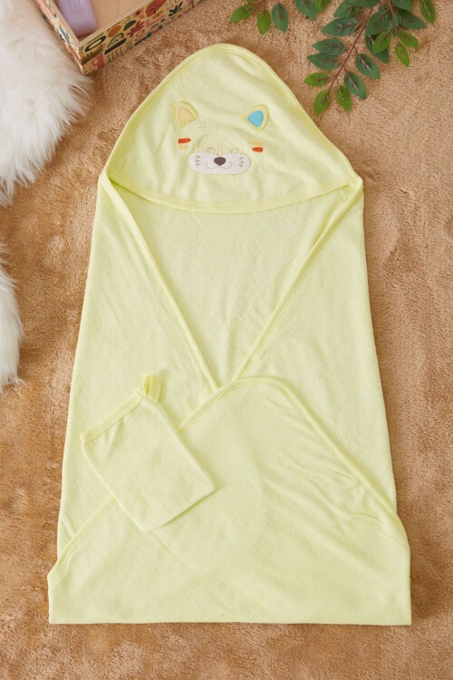 Yeşil Kaplan Nakışlı Keseli Erkek Bebek Havlu 17493