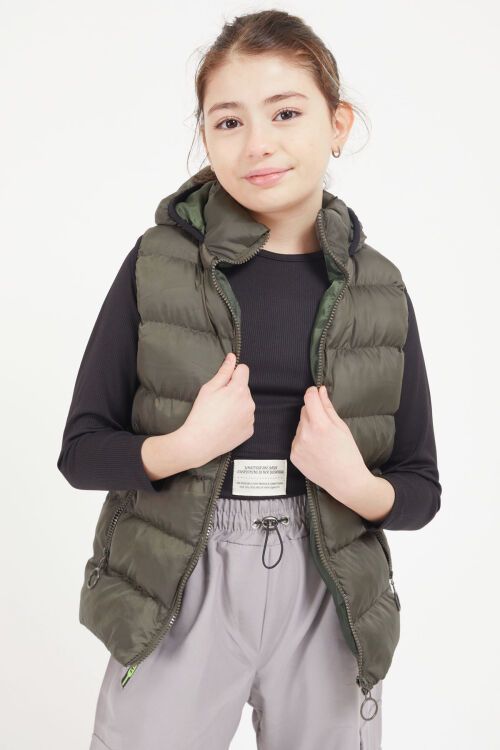 Yeşil Kapüşonlu Fermuar Cepli Kız Çocuk Şişme Yelek 17613