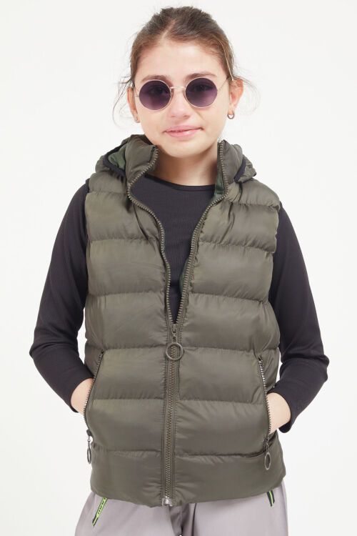 Yeşil Kapüşonlu Fermuar Cepli Kız Çocuk Şişme Yelek 17613