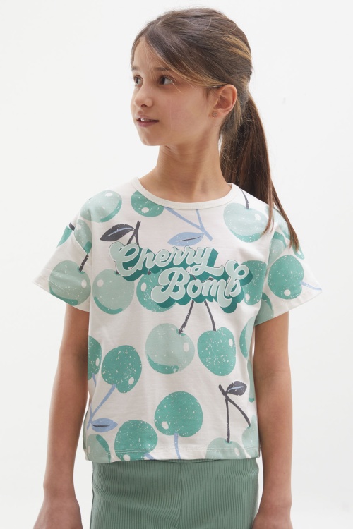 Yeşil Kiraz Baskılı İspanyol Paça Taytlı Kız Çocuk Takım 17991