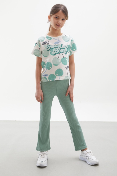 Yeşil Kiraz Baskılı İspanyol Paça Taytlı Kız Çocuk Takım 17991